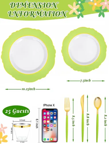 Miniatura 6 de WDF 150 platos verdes desechables, platos barrocos verdes y dorados, vajilla de plástico para 25 invitados, ideal para fiestas, primavera, picnic
