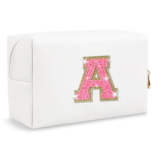 Miniatura 413 de Pequeña bolsa de maquillaje personalizada con inicial A-Z Preppy Patch, bolsa de cosméticos de viaje de felpilla blanca con cremallera, bonita bolsa