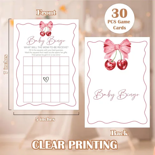 Miniatura 2 de Cherry Baby Shower - Juego de bingo para 30 invitados con tarjetas de juego, revelación de género, suministros y decoraciones para baby shower (DV35)