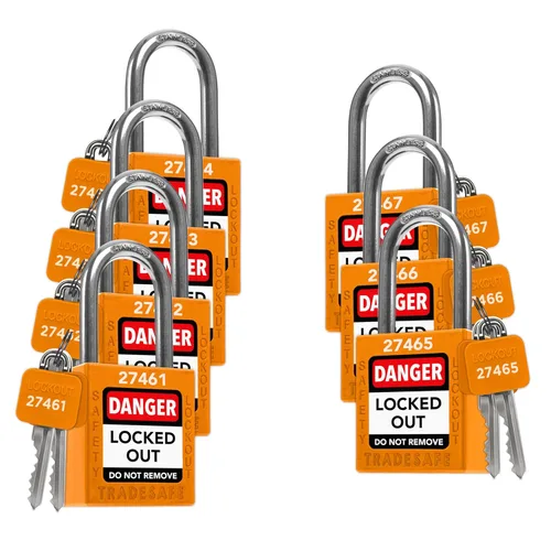 Miniatura 26 de TRADESAFE Juego de cerraduras de bloqueo - 7 cerraduras de loto rojas, cerraduras de bloqueo con llave diferente, 1 llave por cerradura, candados