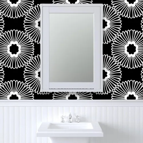 Miniatura 9 de Despegar y pegar muestra de papel tapiz – Flor floral grande negro blanco círculo de la naturaleza Bold Mod Daisy 1960s Retro Modern Decoración