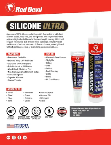 Miniatura 3 de Red Devil 0785 Silicone Ultra 100% RTV Sellador de silicona, tubo de 2.8 onzas, blanco, paquete de 1