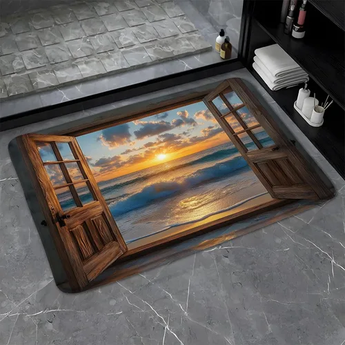 Alfombra de baño con puerta de madera marrón con diseño de océano, playa, paisaje hawaiano, olas de mar, estilo retro, granero, tablón de madera,