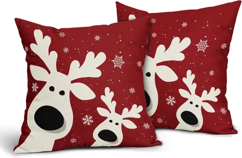 Miniatura 2 de Juego de 2 fundas de almohada de Navidad con ciervos de 18 x 18 pulgadas, diseño de reno rojo con copos de nieve y renos, para decoración del hogar