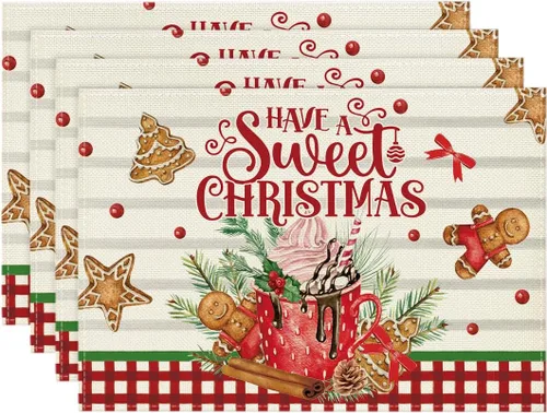 Artoid Mode Juego de 4 manteles individuales de Navidad con helado de jengibre, 12 x 18 pulgadas, para decoración de fiestas, cocina, comedor