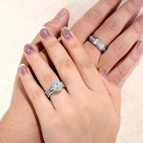 Miniatura 6 de Newshe Jewellery Juego de anillos de boda para él y ella, anillos de promesa AAAAA para parejas, mujeres, hombres, banda en forma de pera, talla 5-13