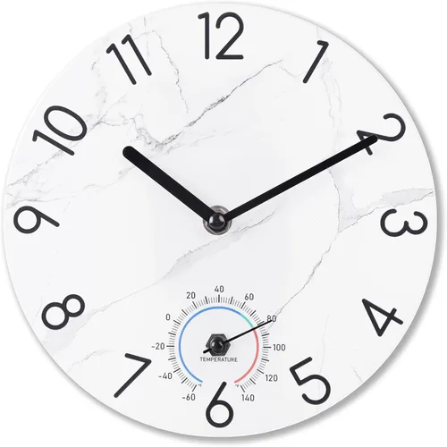 Miniatura 9 de Crosstime Reloj para exteriores de 8 pulgadas impermeable con termómetro – Silencioso cristal templado imitación mármol Amazon Green Decor reloj