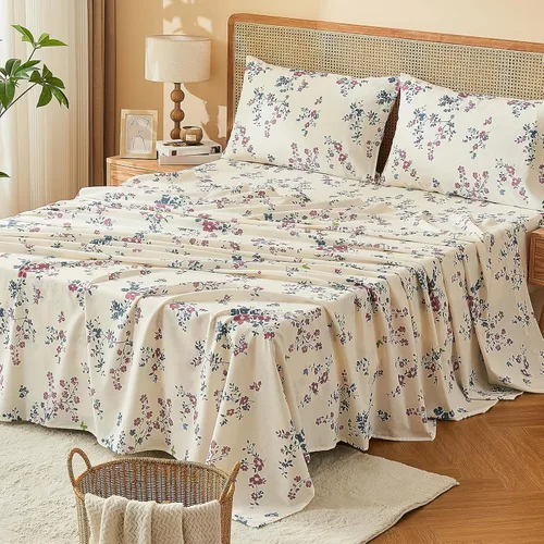 Miniatura 7 de Bedlifes Juego de sábanas de 100 % lino francés tamaño Queen, estampado floral, patrón botánico transpirable, bolsillo profundo de 16 pulgadas, 4