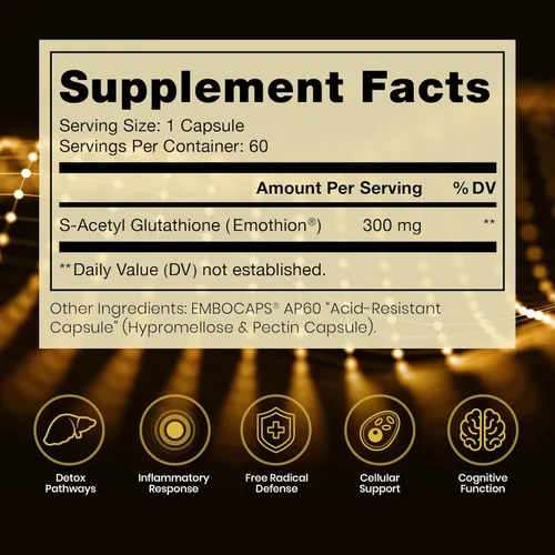 Miniatura 2 de Pure Therapro Rx S-Acetyl Glutatione Gold 300mg PER Capsule - 60 cápsulas Extra fuerza Forma acetilada patentada de glutatión (EMOTHION)