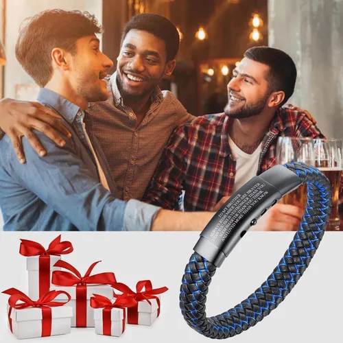 Miniatura 2 de VNOX - Brazalete ajustable de cuero trenzado azul hecho a mano con mantra inspirador para hombre, pulsera de estímulo, regalo motivacional