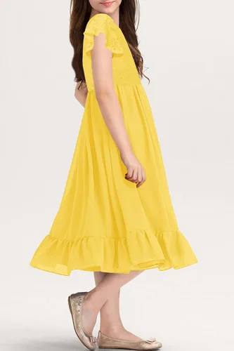Miniatura 5 de MITILLY Vestido midi de gasa con volantes y cuello redondo y encaje elegante para niñas