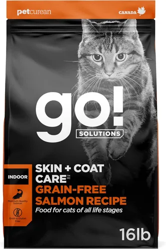 Go! Solutions Skin + Coat Care - Alimento seco para gatos sin granos de salmón, sin pollo, croquetas saludables con omega-3 y 6s para pieles suaves
