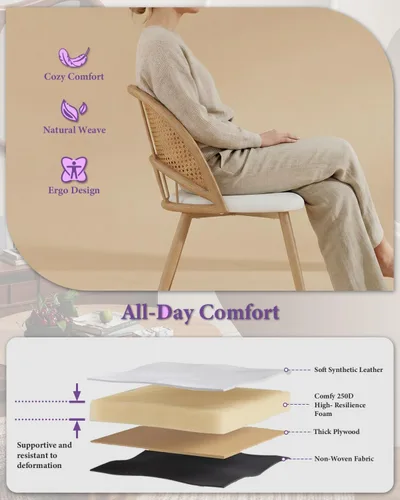 Miniatura 5 de TYBOATLE Juego de 2 sillas de comedor de ratán con cojín de piel sintética, modernas sillas de comedor con almohadillas ajustables para los pies