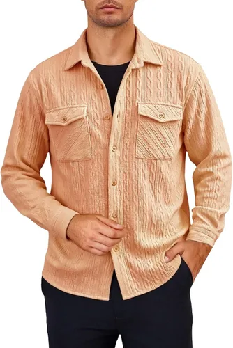 Miniatura 19 de Camisas con botones para hombre, casual, de manga larga, con cuello jacquard, texturizada, ligera, sobrecamisa, sobrecamisa