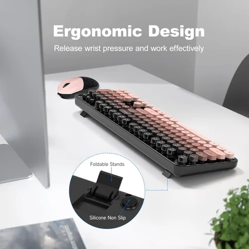 Miniatura 182 de KNOWSQT Combo de teclado y ratón inalámbrico, teclados lindos de tamaño completo estilo máquina de escribir 2.4G azul colorido - receptor USB Plug