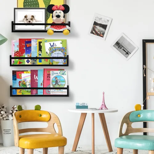 Miniatura 2 de AZSKY Estantes clásicos para libros de guardería, estantes flotantes de madera negra, estantería de pared para decoración de baño, cocina, especias