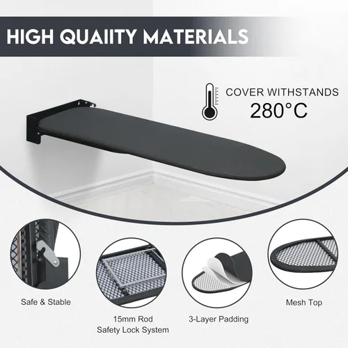 Miniatura 5 de Tabla de planchar para montar en la pared, compacta que ahorra espacio, tabla de hierro plegable para cuarto de lavado, 36 x 12 pulgadas, color negro