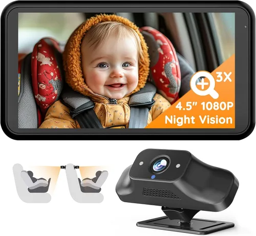 Babyvue BC1 - Cámara de coche para bebé, pantalla HD 1080P de 4.5 pulgadas y zoom 3X, monitor de bebé automático de visión nocturna IR con brillo