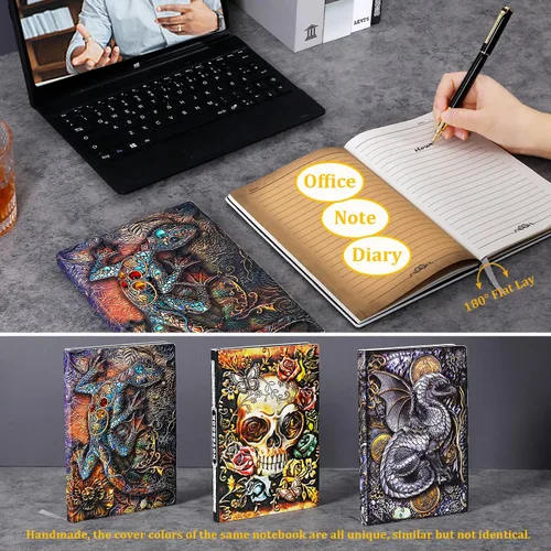 Miniatura 3 de FEIDIAO Cuaderno de Cuero con Relieve de Lagarto Vintage, Cuaderno DND, Diario de Viaje con Bolígrafo y Funda para Bolígrafo, Diario de Cuero PU