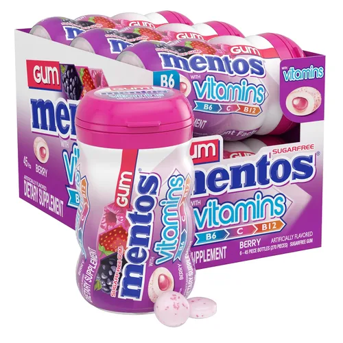Mentos Goma de mascar de vitaminas, goma de mascar sin azúcar con vitaminas y edulcorante de xilitol, bayas, botella de 45 unidades, 6 botellas