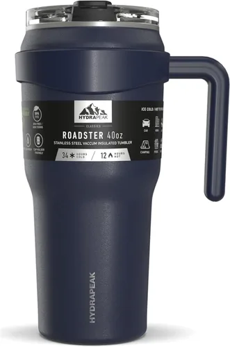 Hydrapeak Roadster Vaso de Acero Inoxidable de 40oz con Doble Pared y Aislamiento al Vacío, Botella de Agua con Asa y Tapa de Pajita 2 en 1 (Azul