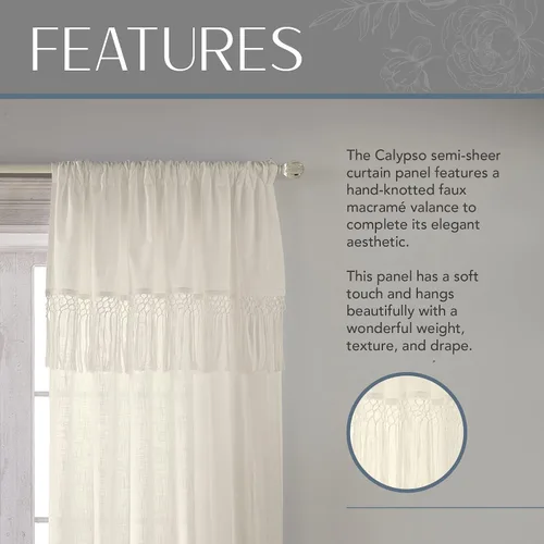 Miniatura 3 de Elrene Home Fashions Calypso - Cortina para ventana, de algodón semitransparente con borlas de macramé anudadas a mano, con bolsillo para barra, 52