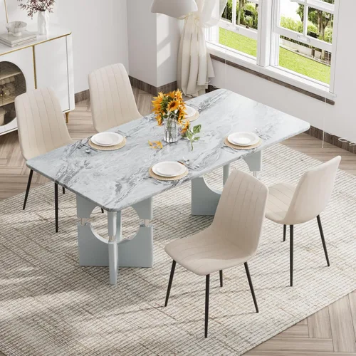 Miniatura 3 de Moderno juego de mesa rectangular para 4, mesa grande de mármol sintético gris de 71 pulgadas con base de metal con marco hueco, y 4 sillas