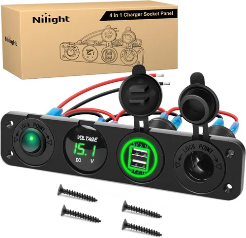 Miniatura 12 de Nilight - Panel de enchufe de salida 4 en 1, 12V CC, 4.8A, voltímetro LED, interruptor basculante de encendido y apagado con luz, encendedor de 4