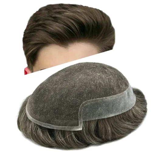 Miniatura 16 de Tupé de encaje suizo para hombres, piezas de cabello humano real, encaje frontal, sistema de reemplazo de cabello tipo tupé, nudo blanqueado, línea