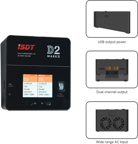 Miniatura 3 de ISDT D2 Mark 2 LiPo Cargador de equilibrio de batería Duo Descargador Dual 200W 12A2 AC Salida de doble canal 1-6S Li-ion Life NiCd NiMH LiHV PB