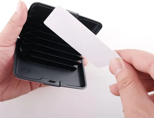 Miniatura 30 de Tarjetero de aluminio con bloqueo RFID para hombres y mujeres, elegante cartera de viaje con 7 ranuras, la mejor protección contra escaneos