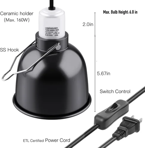 Miniatura 4 de MRREPTILE Lámpara de reptil – Lámpara de cúpula profunda de 5.5 pulgadas con enchufe de cerámica – Doble uso para emisores de calor y bombillas