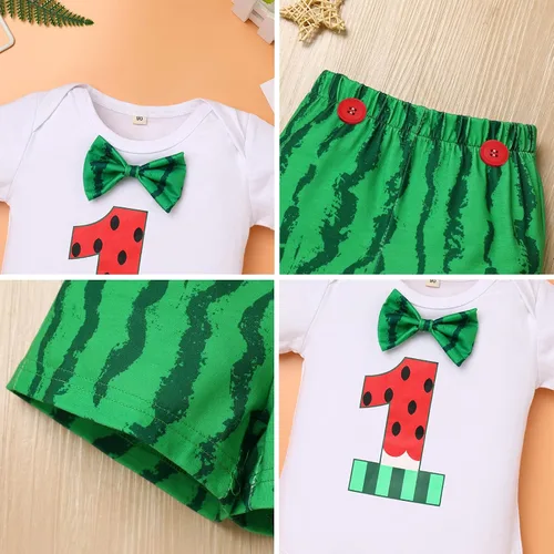 Miniatura 22 de Conjunto de 4 piezas de 3 piezas para bebé, diseño de sandía, para el primer cumpleaños, para tarta, de manga corta, pañales, con tirantes