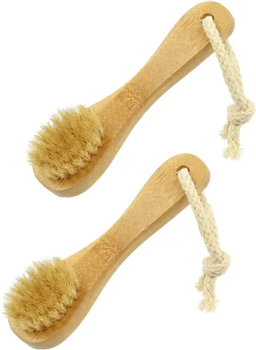 Paquete de 2 cepillos de limpieza facial seca con mango de bambú de 5.7 pulgadas con cerdas naturales de jabalí, limpiador facial limpiador de