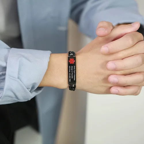 Miniatura 4 de VNOX Pulsera de identificación de alerta médica con grabado gratuito para hombres y mujeres, etiqueta médica, cadena de eslabones de acero inoxidable