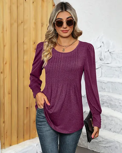 Miniatura 5 de Ficerd Blusa plisada de manga corta abombada para mujer, cuello redondo, elegante, casual, holgada, para primavera y verano
