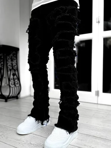 Miniatura 2 de Jeans apilados para hombre, ajustados, rasgados, elásticos, desgastados, rectos, pantalones de mezclilla hip hop, ropa de calle