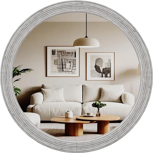 Miniatura 12 de ULIKE Espejo redondo de madera, espejo de pared circular irregular de 24 pulgadas con marco de madera, soporte de pared decorativo rústico