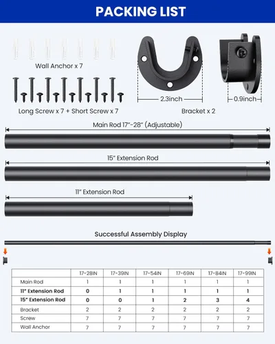 Miniatura 5 de Supforce Barras de armario para colgar ropa, de 17 a 84 pulgadas ajustables sin escalones, barra de armario de metal, barra para colgar ropa