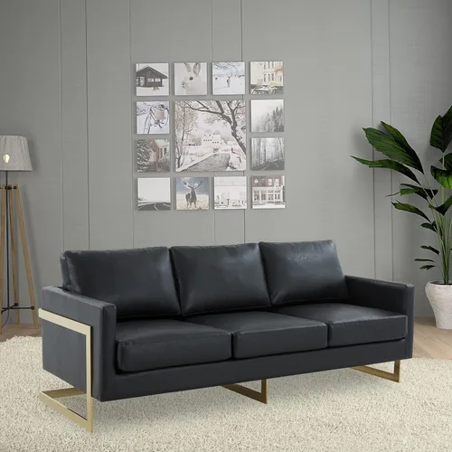 Miniatura 2 de LeisureMod Lincoln - Sofá de cuero moderno de mediados de siglo de 83 pulgadas, sofá tapizado de 3 asientos con marco de metal dorado, muebles