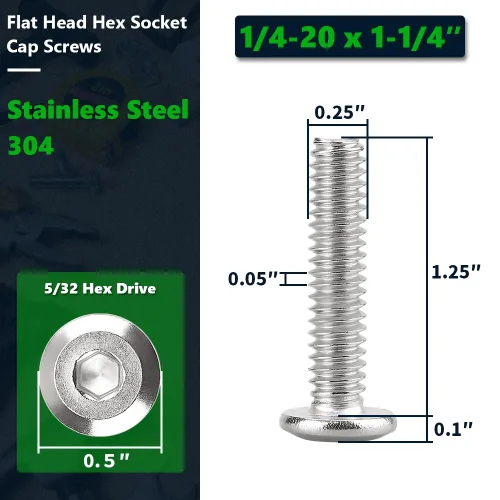 Miniatura 2 de 1/4-20 x 1-1/4" (30 PCS) Tornillo de cabeza plana de cabeza plana, 304 tornillos de unión de acero inoxidable 18-8, rosca completa, pernos