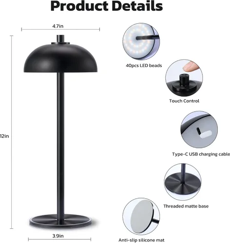Miniatura 5 de Paquete de 2 lámparas de mesa inalámbricas recargables – Lámpara de mesa con batería de 5000 mAh, luz de mesa LED de atenuación continua de 3 Negro-2