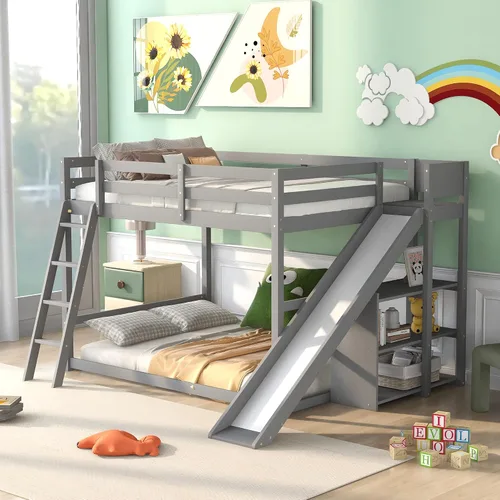 Miniatura 10 de Litera de casa individual sobre cama individual con tobogán convertible y nido, litera de madera maciza con techo y ventana para niños, verde-blanco
