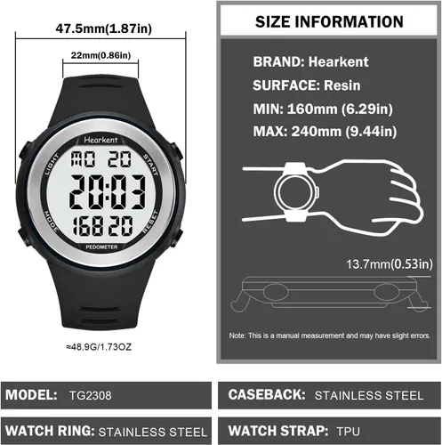 Miniatura 6 de Hearkent Reloj podómetro impermeable, sin aplicación con luz, pantalla digital, contador de pasos para calorías, segundos, pasos de alarma, reloj