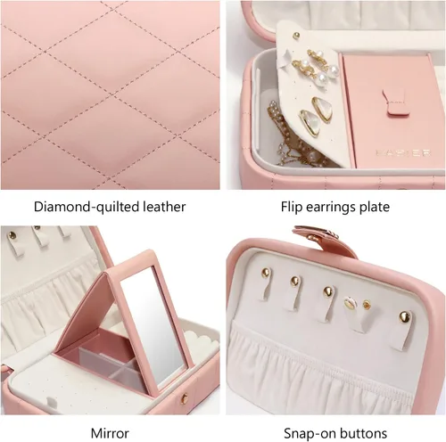 Miniatura 5 de KAMIER Joyero de piel sintética Joyero acolchado de diamante de viaje con espejo para anillos, aretes, collar, organizador de joyas portátil