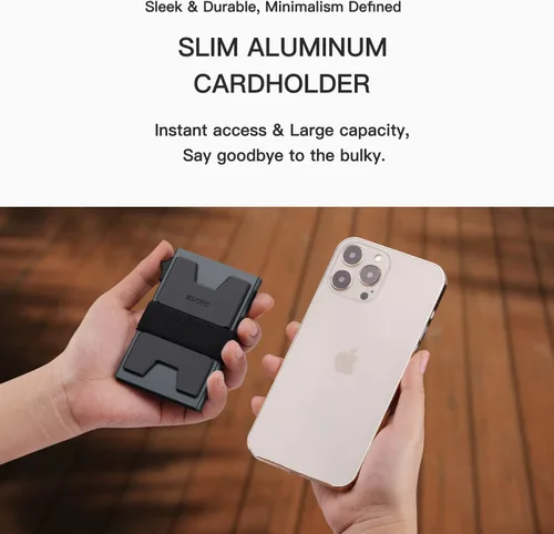 Miniatura 5 de SEMORID Cartera delgada de aluminio con tarjetero para hombre, Botón gris espacial-B, Cartera Rfid minimalista para hombre