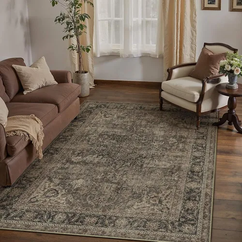 Miniatura 47 de Alfombra de área marrón lavable de 2 x 3 pies, alfombra vintage para entrada y cocina, antideslizante, suave, de pelo bajo desgastado, alfombra