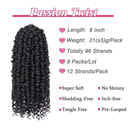 Miniatura 3 de Leeven 8 paquetes de 8 pulgadas, extensiones de cabello trenzado de ganchillo pretrenzado con rizos en los extremos, color negro natural