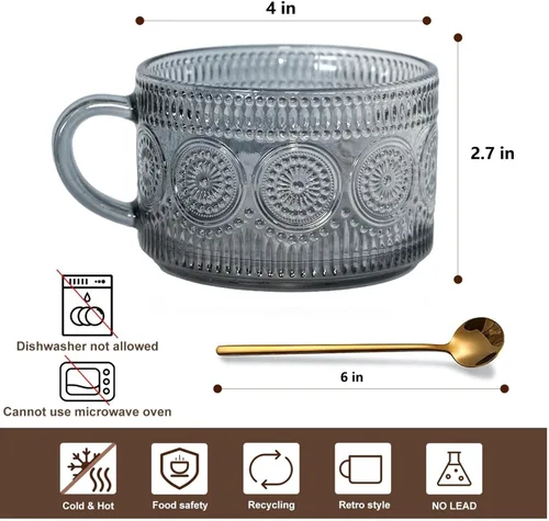 Miniatura 5 de Tazas de café de vidrio vintage, juego de 2 tazas de té de cristal en relieve de 14 onzas para desayuno, postre, capuchino, latte, cereales, yogur