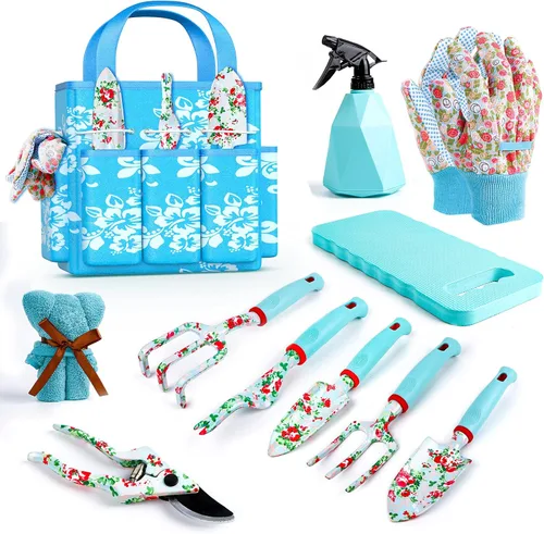 Miniatura 9 de Juego de herramientas de jardín, 10 piezas de herramientas de jardinería con estampado floral, mango ergonómico, rastrillo de pala, tijeras